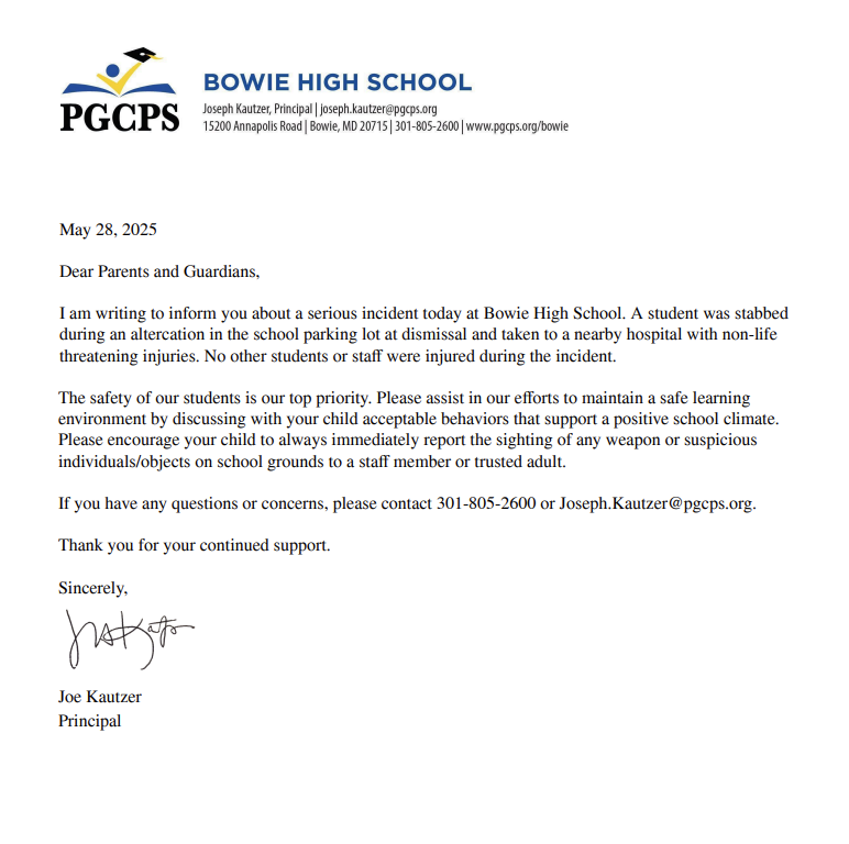 BOWIE HIGH SCHOOL STABBING ARREST: A student was stabbed today during an altercation in the school parking lot at dismissal and taken to a nearby hospital with non-life threatening injuries. No other students or staff were injured during the incident.
