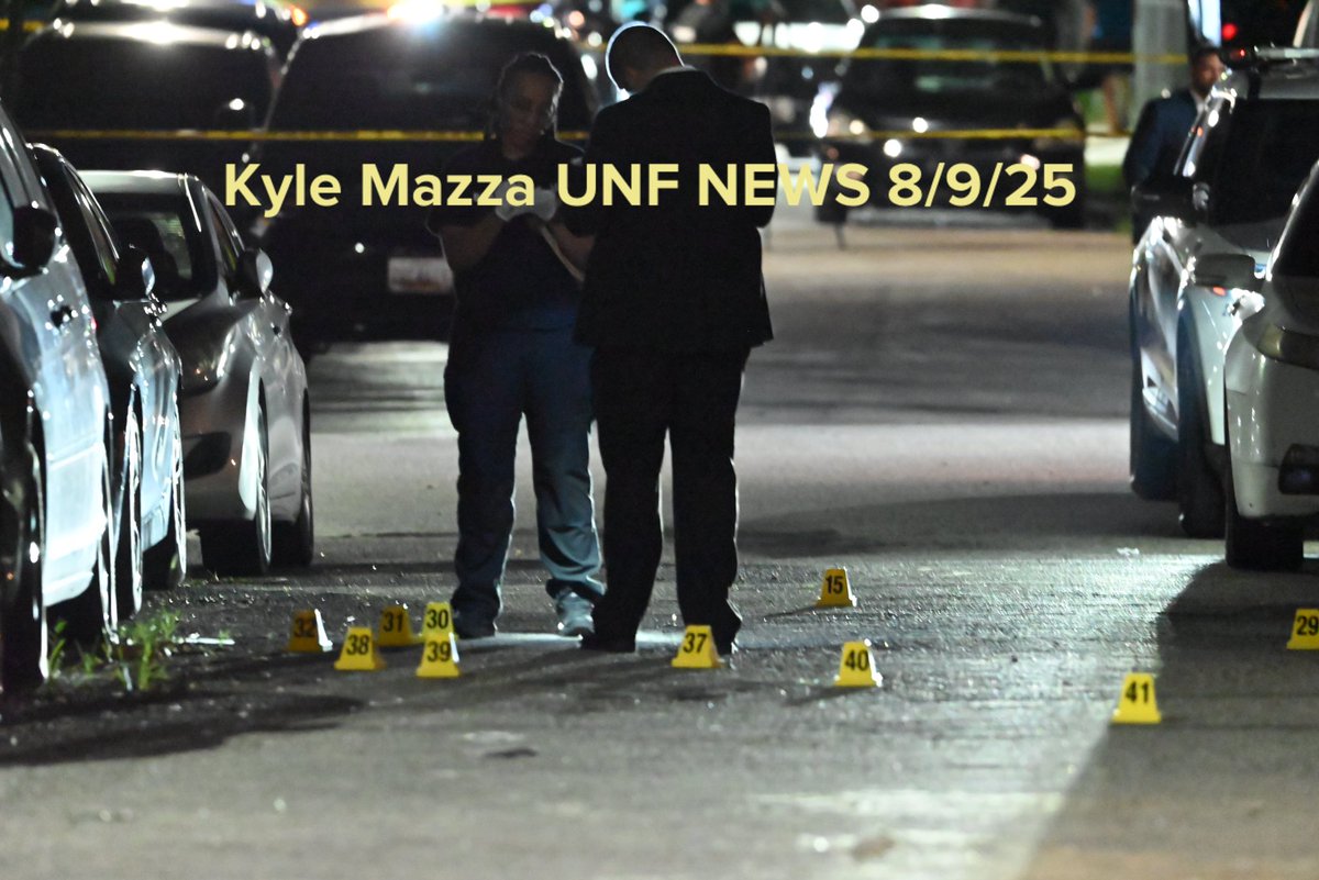 Baltimore police forensic investigators collected evidence and marked shell casings with evidence markers at the scene of a mass shooting that injured six people including a 5-year-old girl in Baltimore, Maryland on August 9, 2025. Saturday evening at approximately 8:46 p.m., Northern District Officers responded to the 5100 block of Queensbury Avenue and discovered, four males and two females with wounds. All of the victims were transported to area hospitals for treatment. A 38-year-old male, is originally listed in critical condition. The 5-year-old girl, a 23-year-old female, a 32-year-old male, a 33-year-old male and a 52-year-old male are believed to all be suffering from non-life-threatening injuries. There are no suspects in custody at this time and the investigation is ongoing.