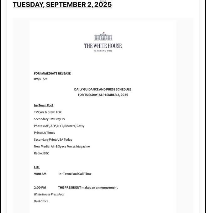 White House to make an announcement at 2pm September 2, all roads to Walter Reed hospital shutdown