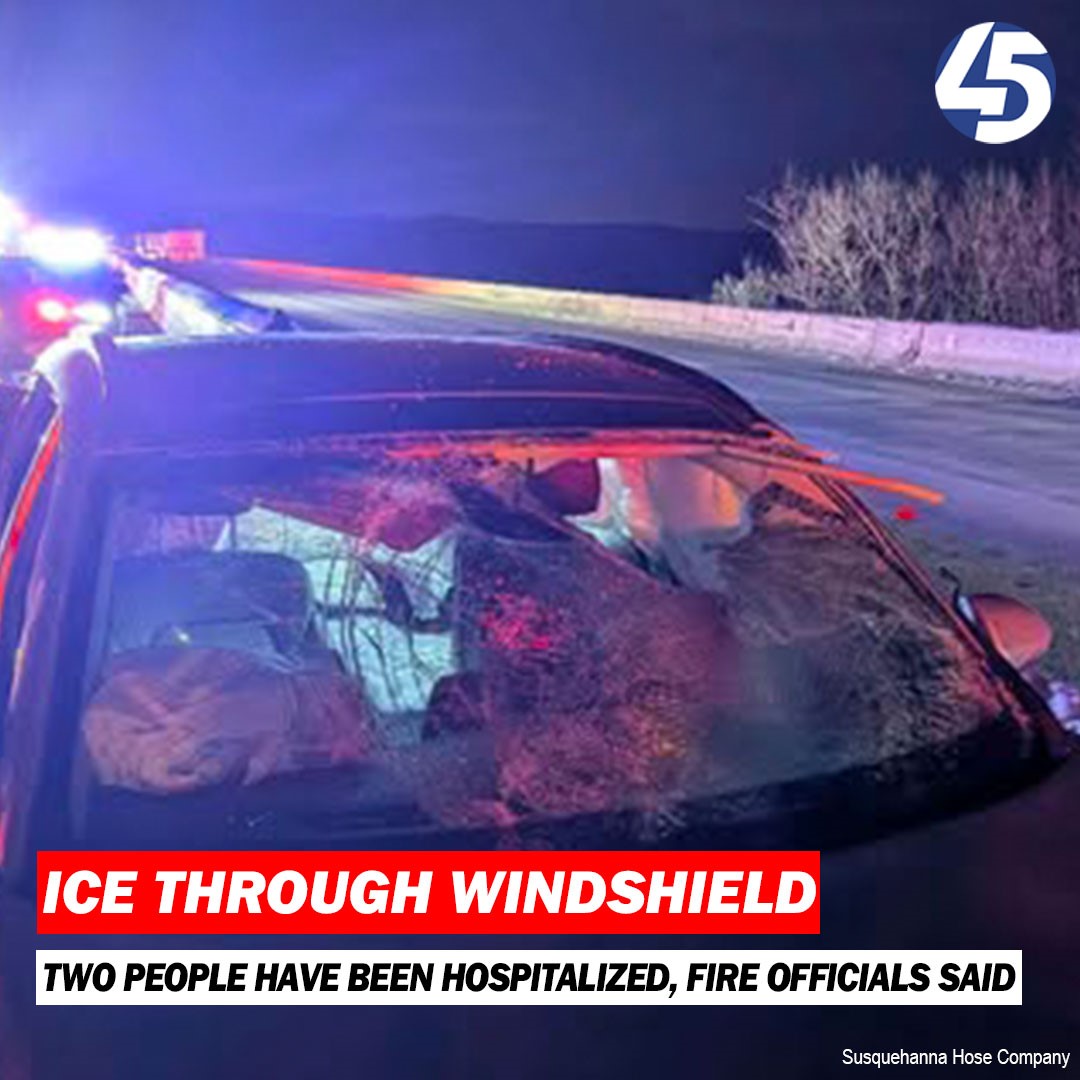 Two people are in the hospital Tuesday night after a large piece of ice crashed through their car's windshield in Havre de Grace.
