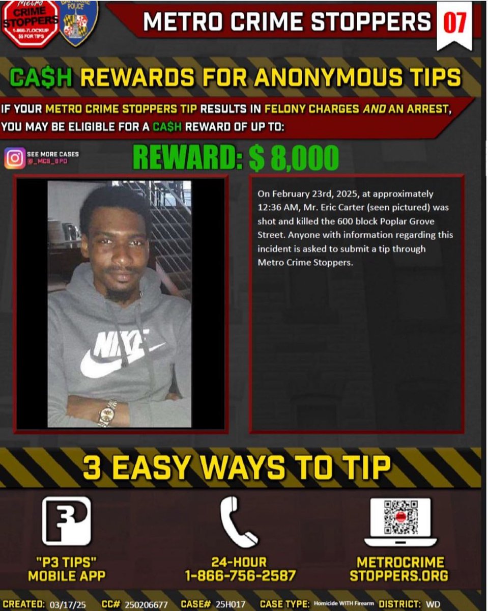 Homicide Detectives continue to seek information about the murder of Eric Carter, who was killed on Feb. 23, 2025, in the 600 blk of Poplar Grove St.