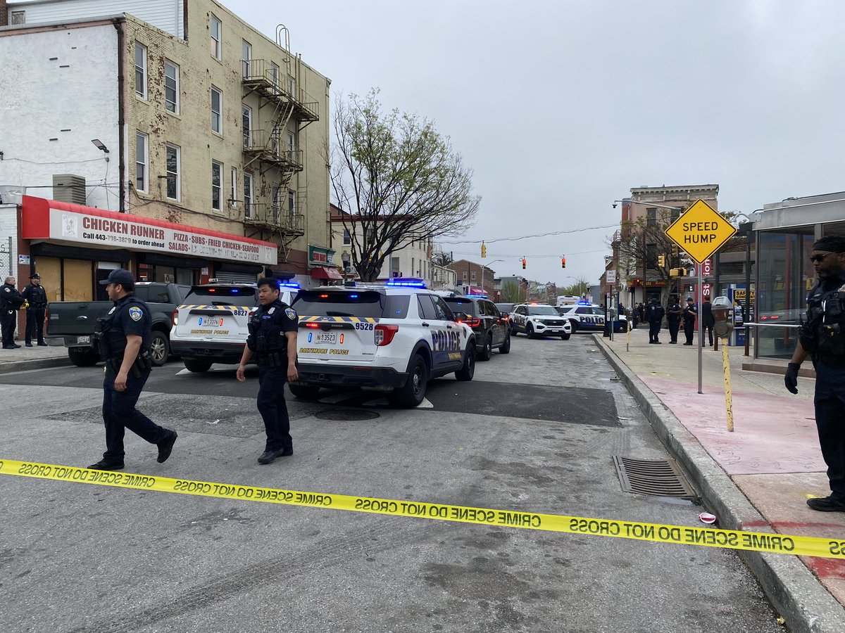 Heavy police presence and road closures along Pennsylvania Avenue between Laurens and Pitcher Street. Witnesses tell a Baltimore Police officer shot someone.