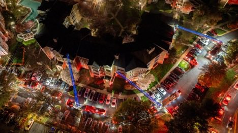 Gaithersburg, MD - Aerial photos from the scene of a reported house fire, four story apartment building, fire through the roof, 2nd alarm in the 9800 Blk of Mahogany Dr., Sawyer flats