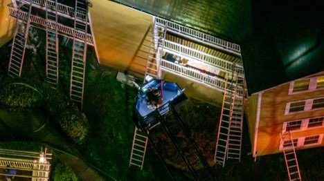 Gaithersburg, MD - Aerial photos from the scene of a reported house fire, four story apartment building, fire through the roof, 2nd alarm in the 9800 Blk of Mahogany Dr., Sawyer flats