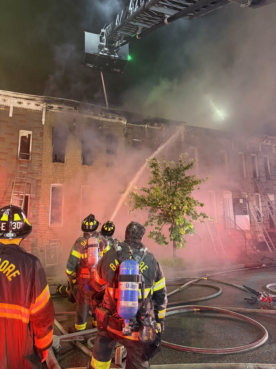 @BaltimoreFire was dispatched to the intersection of S. Pulaski St. & Ashton St. for reports of a dwelling fire. Upon arrival, units updated the location to the 2100 block of Ashton St. & reported fire showing from a two‑story, middle‑of‑the‑group