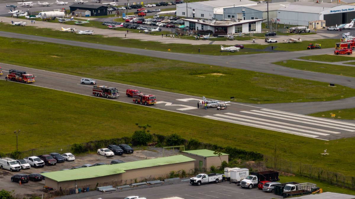 Gaithersburg, MD - Aerial of the scene of a reported emergency landing with a small aircraft at the Montgomery Airport, 7900 Blk of Air Park Rd.