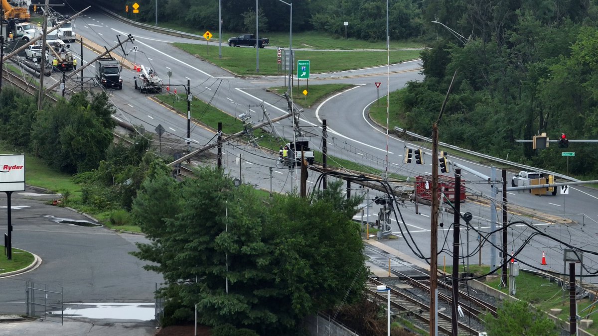 Crews are continuing storm damage cleanup at Cromwell Station in Glen Burnie on Tuesday
