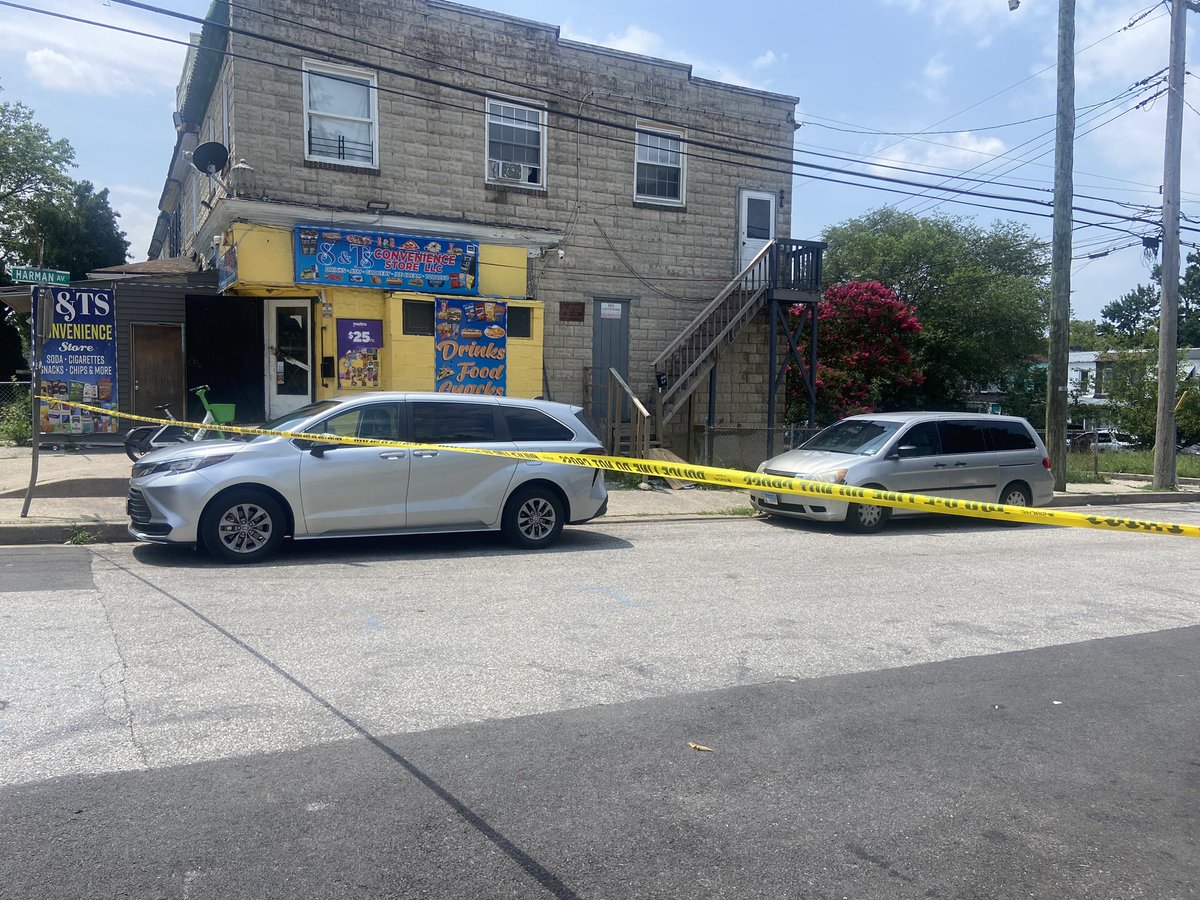 mass shooting in south Bmore. Six people including two juveniles were shot here off Hollins Ferry Rd.Police and crime lab techs back out at the scene.We saw bullet holes in one car. Another towed while here. Blood still on the sidewalk