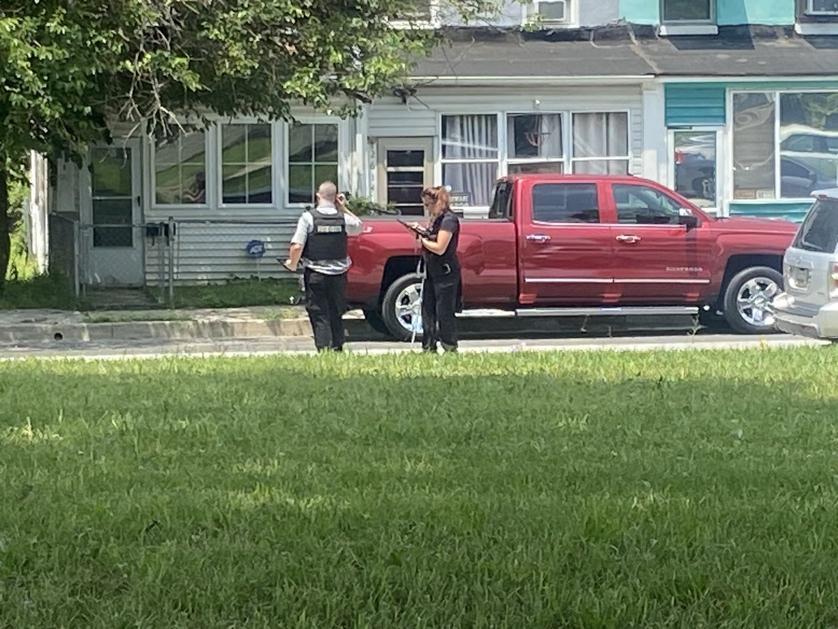 mass shooting in south Bmore. Six people including two juveniles were shot here off Hollins Ferry Rd.Police and crime lab techs back out at the scene.We saw bullet holes in one car. Another towed while here. Blood still on the sidewalk
