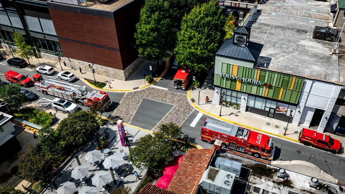 Gaithersburg, MD - Aerial view of the scene where MCFRS is responding to a reported entrapment involving an individual whose hand became trapped in commercial kitchen equipment in the area of Grand Corner Avenue