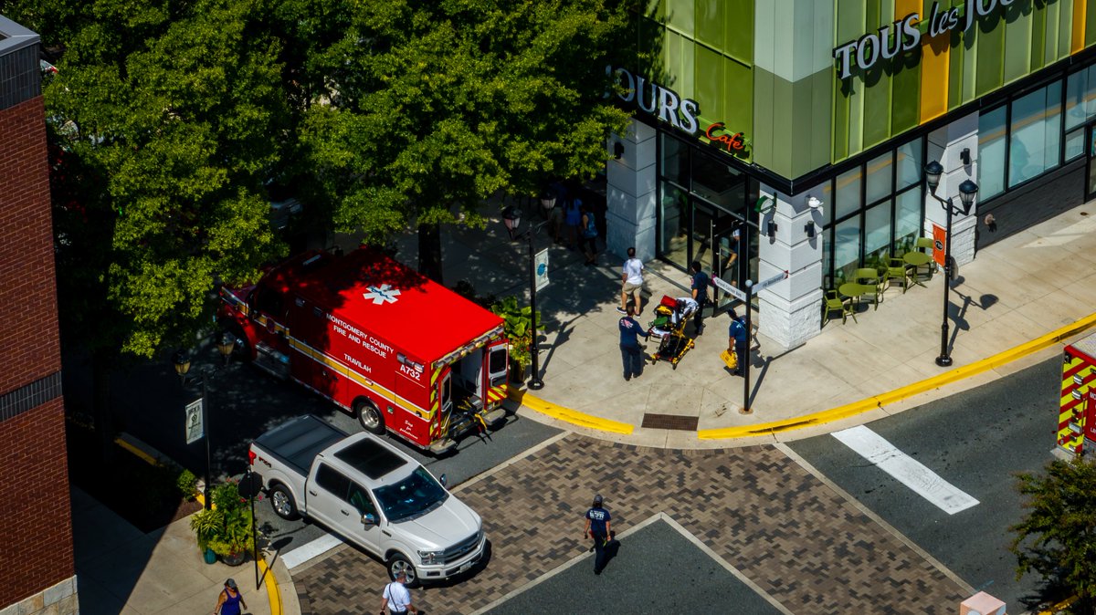 Gaithersburg, MD - Aerial view of the scene where MCFRS is responding to a reported entrapment involving an individual whose hand became trapped in commercial kitchen equipment in the area of Grand Corner Avenue