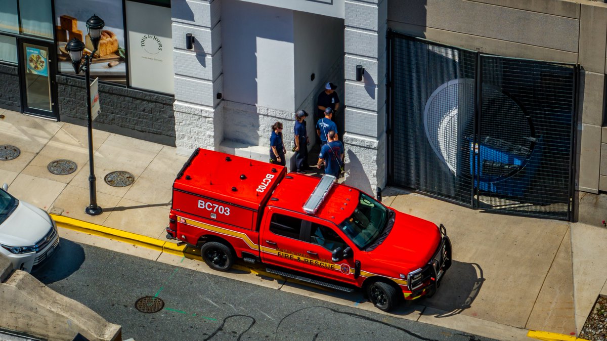 Gaithersburg, MD - Aerial view of the scene where MCFRS is responding to a reported entrapment involving an individual whose hand became trapped in commercial kitchen equipment in the area of Grand Corner Avenue