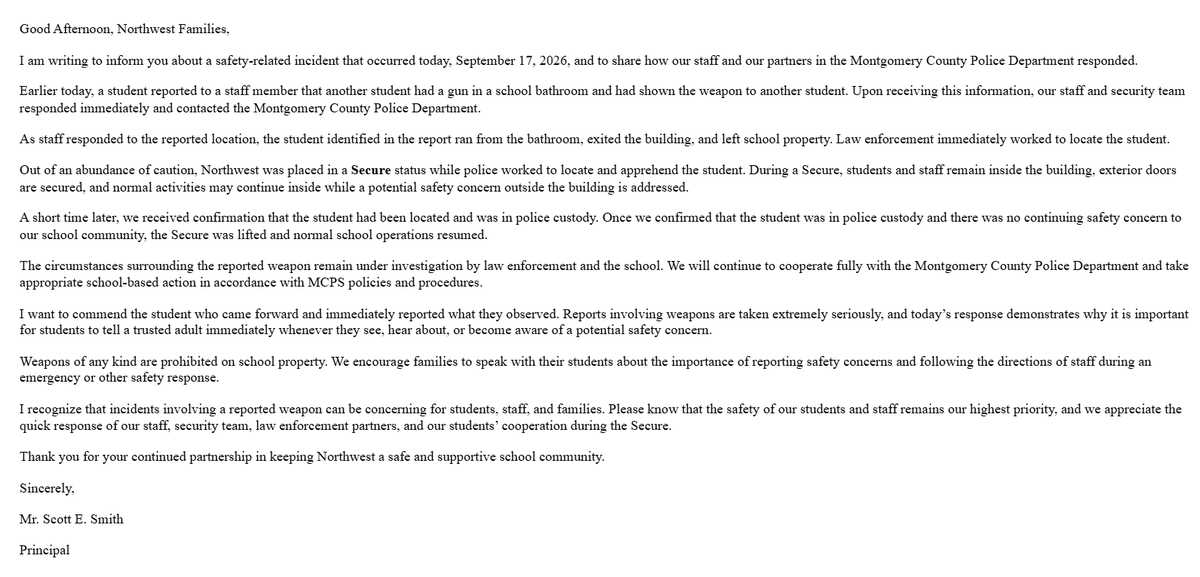 MCPD 5D officers dispatched at 12:35 p.m. to Northwest H.S. in the 13500 block of Richter Farm Road for a reported armed robbery inside of the school. One juvenile suspect was arrested away from campus, and a handgun was recovered
